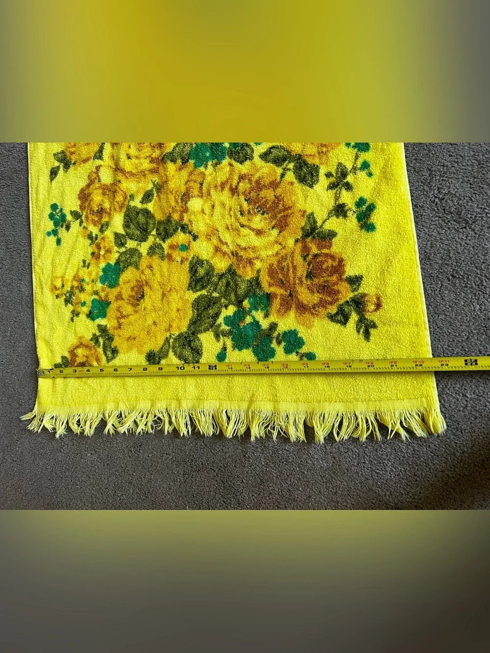 Vintage Cannon Monticello Yellow Cabbage Rose Floral Fringe Bath Towel